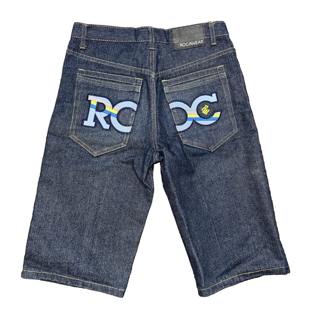 Rocawear Boys Vintage Y2K Baggy Indigo Denim Jean Shorts Embroidered Size 20